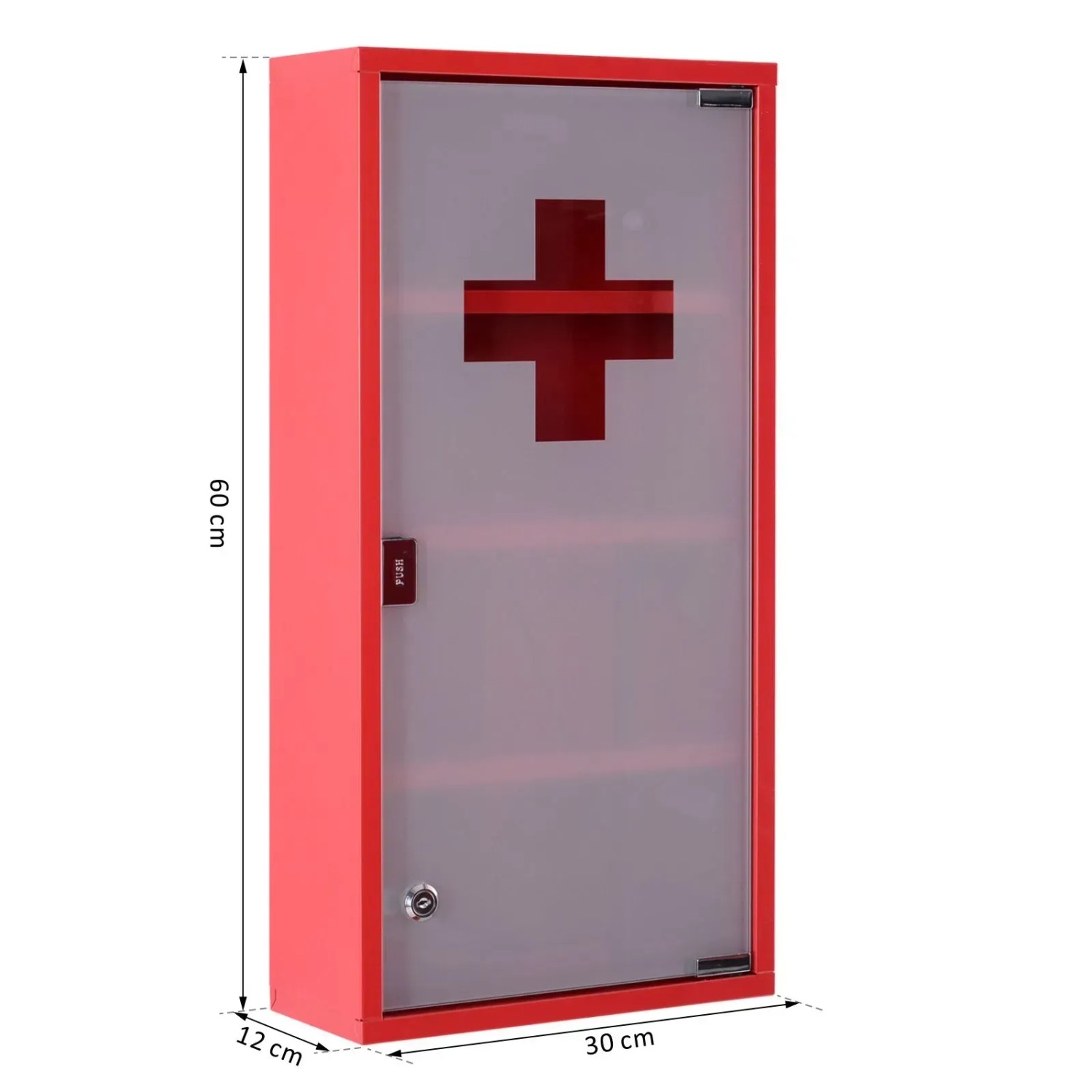 Roter HOMCOM Medizinschrank mit Schloss, 3 Ebenen und Mattglastür.