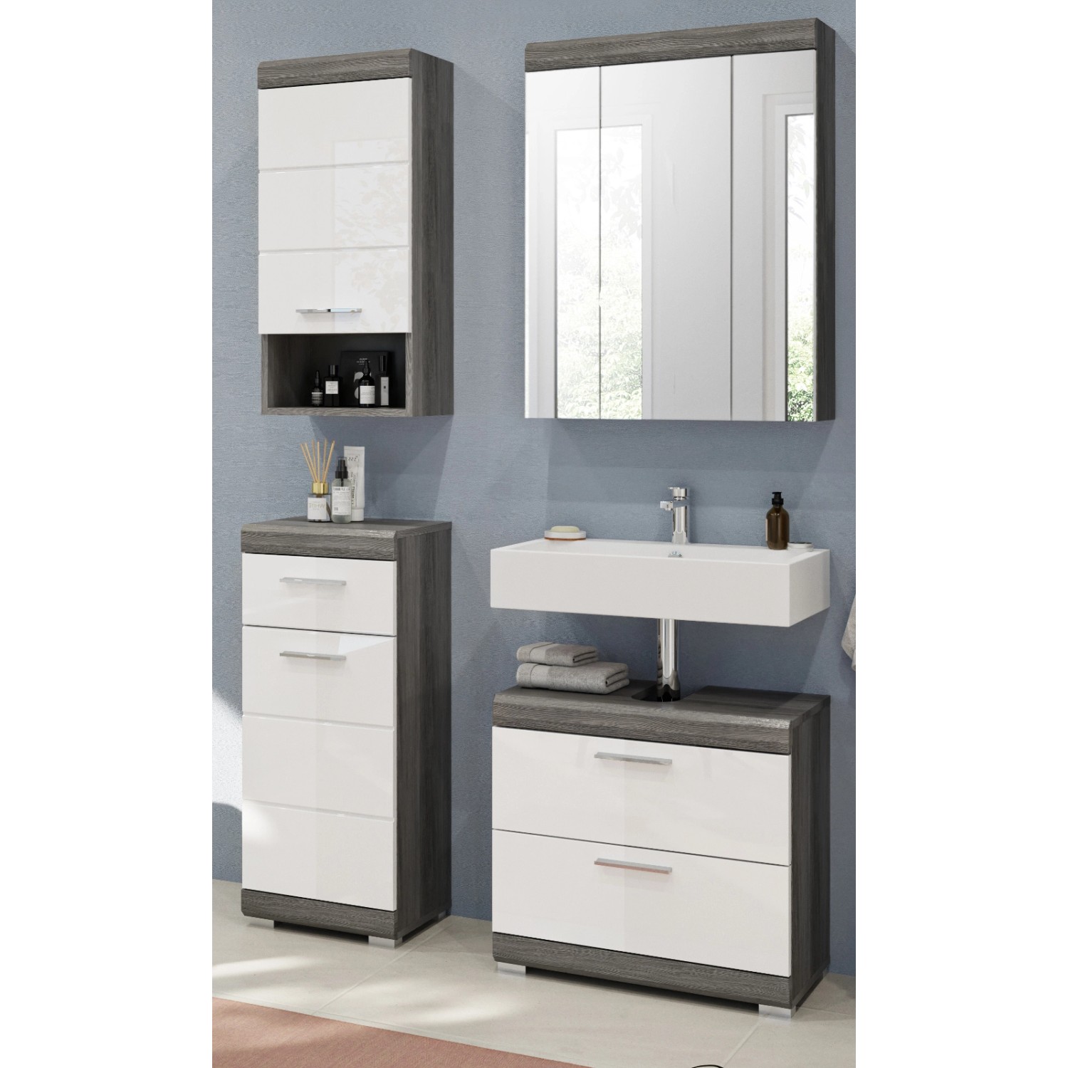 Inn.Furn Badmöbel-Set Weiß Hochglanz Grau 4-teilig 112 cm 14 Fächer Shawn günstig online kaufen