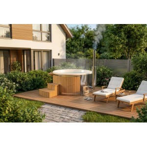 Finntherm Holz Badefass Stockholm Thermoholz, Ø 200 cm mit VA-Ofen auf Holzterrasse.