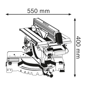 Technische Zeichnung der Bosch Professional Kombi-Säge GTM 12 JL. Zeigt Tisch- und Gehrungssäge mit Maßen 550x400 mm.