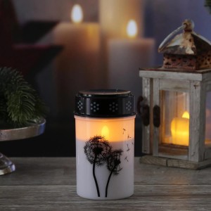 Weißes LED Grablicht mit Pusteblumen-Motiv, 12cm hoch, mit Timerfunktion. Stimmungsvolle Grabkerze.