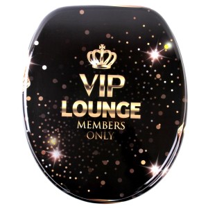 Sanilo WC-Sitz VIP Lounge aus Holz, schwarzer Toilettendeckel mit goldenem VIP-Aufdruck.