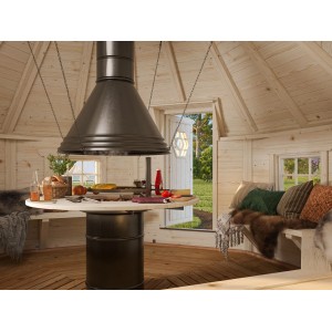 Innenansicht der Palmako Grillkota Eva, ein Holz-Gartenhaus mit Grilltisch und Esse.