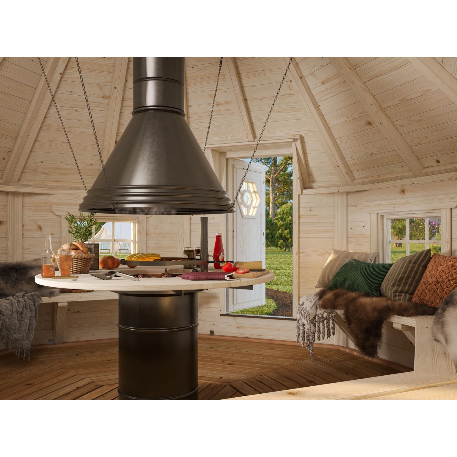 Innenansicht der Palmako Grillkota Eva, ein Holz-Gartenhaus mit Grilltisch und Esse.
