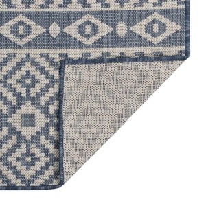 Blauer Outdoor-Teppich mit geometrischem Flachgewebe-Muster. Ecke zeigt Unterseite. Robust für Terrasse.
