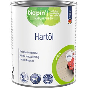 Dose Biopin Hartöl Weiß, seidenglänzend, 750ml für Holzoberflächen im Innenbereich.