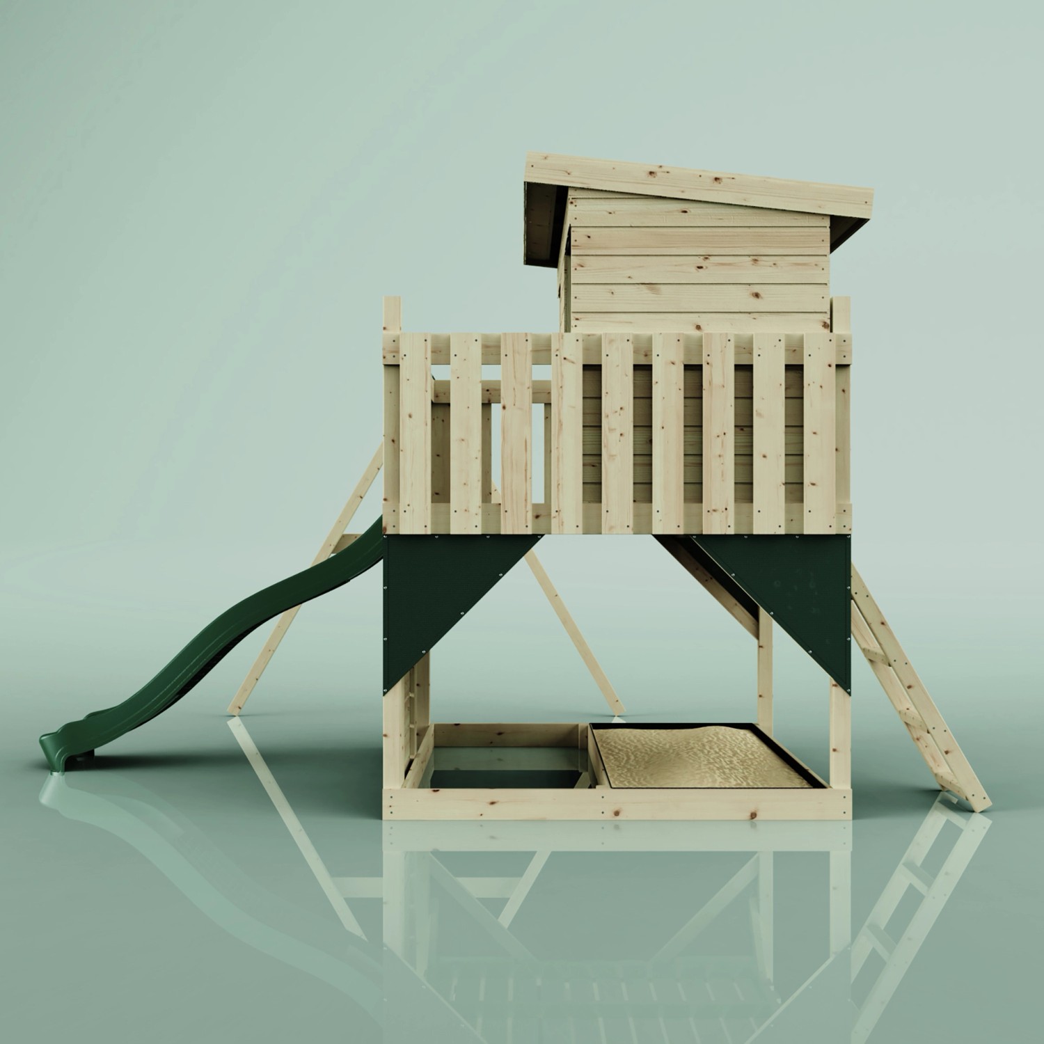 PolarPlay Spielturm Tjorven mit Rutsche und Schaukel, Holz natur und dunkelgrüne Elemente.