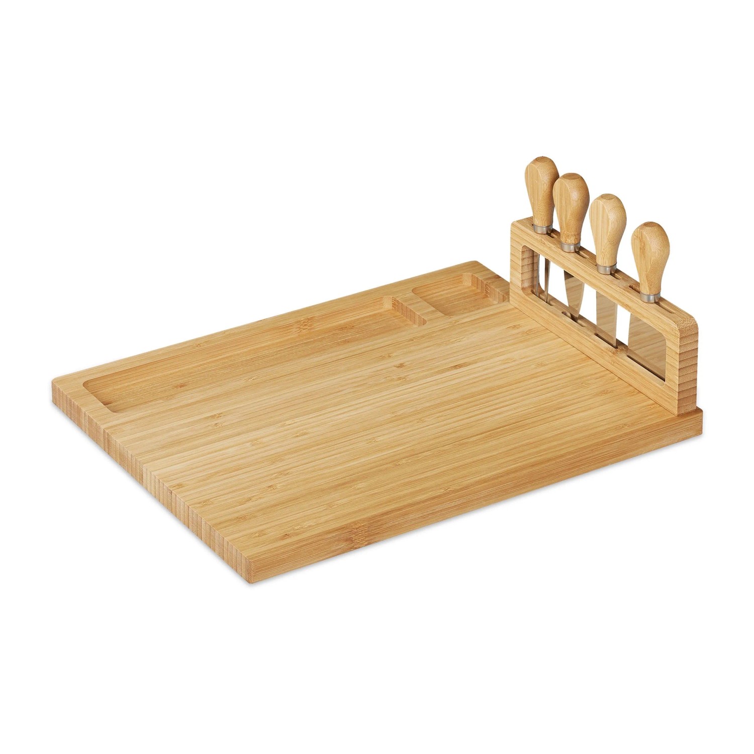 Relaxdays Käsebrett Bambus Edelstahl Natur mit Besteck 35,5 cm x 28 cm x 14 cm 1,3 kg