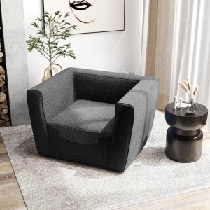 Graues aufblasbares Sofa mit abnehmbarem Bezug im Wohnzimmer. Bequemer Loungesessel für Komfort.