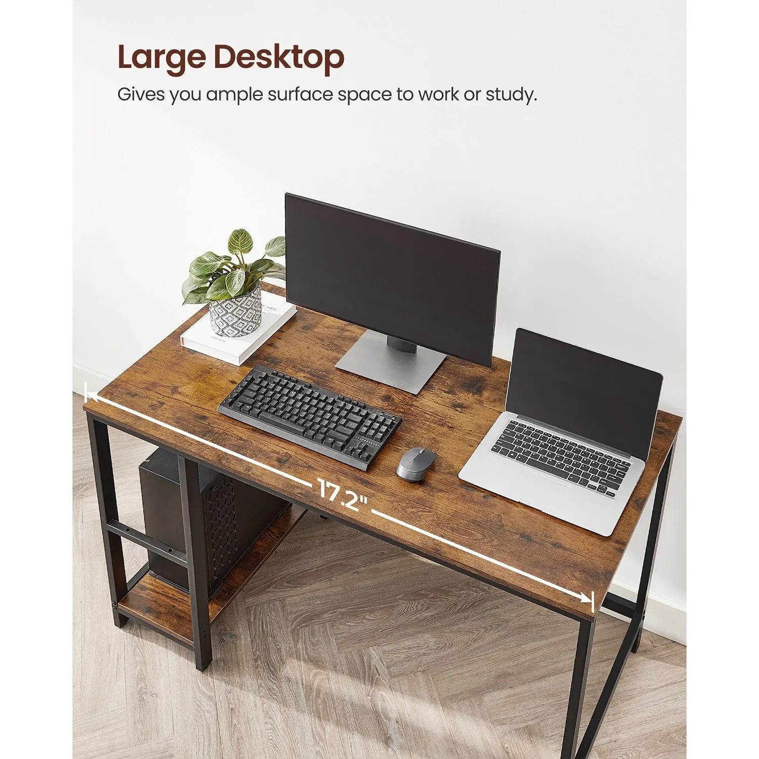 Vasagle Schreibtisch, braun-schwarz, 120x60cm, mit 2 Ablagen, ideal fürs Home-Office.