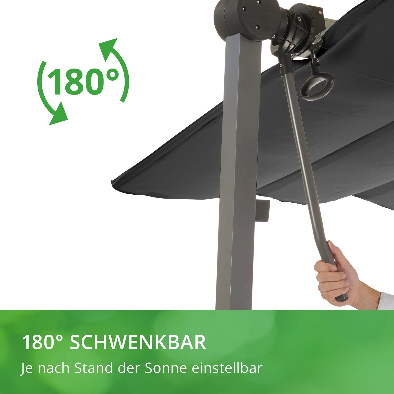 Detailaufnahme: Anthrazitfarbenes Leco Sonnendach Waved, 180° schwenkbar, mit Handbedienung.