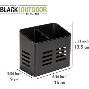 Wenko Besteckkorb Baco Black für die Outdoor Kitchen: Schwarzer Besteckständer mit zwei Fächern und seitlichen Schlitzen.