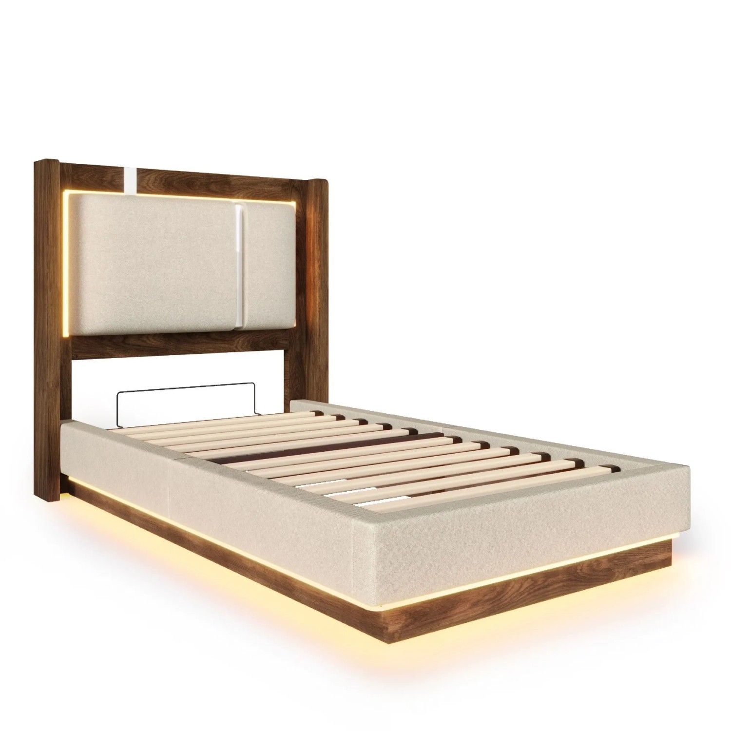 Merax Jugendbett 90x200 LED Bettkasten Hydraulik Beige