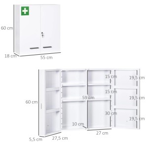 Kleankin Medizinschrank 2-Türiger mit 6 Einlegeböden Stahl Weiß 55 x 18 x 60 cm