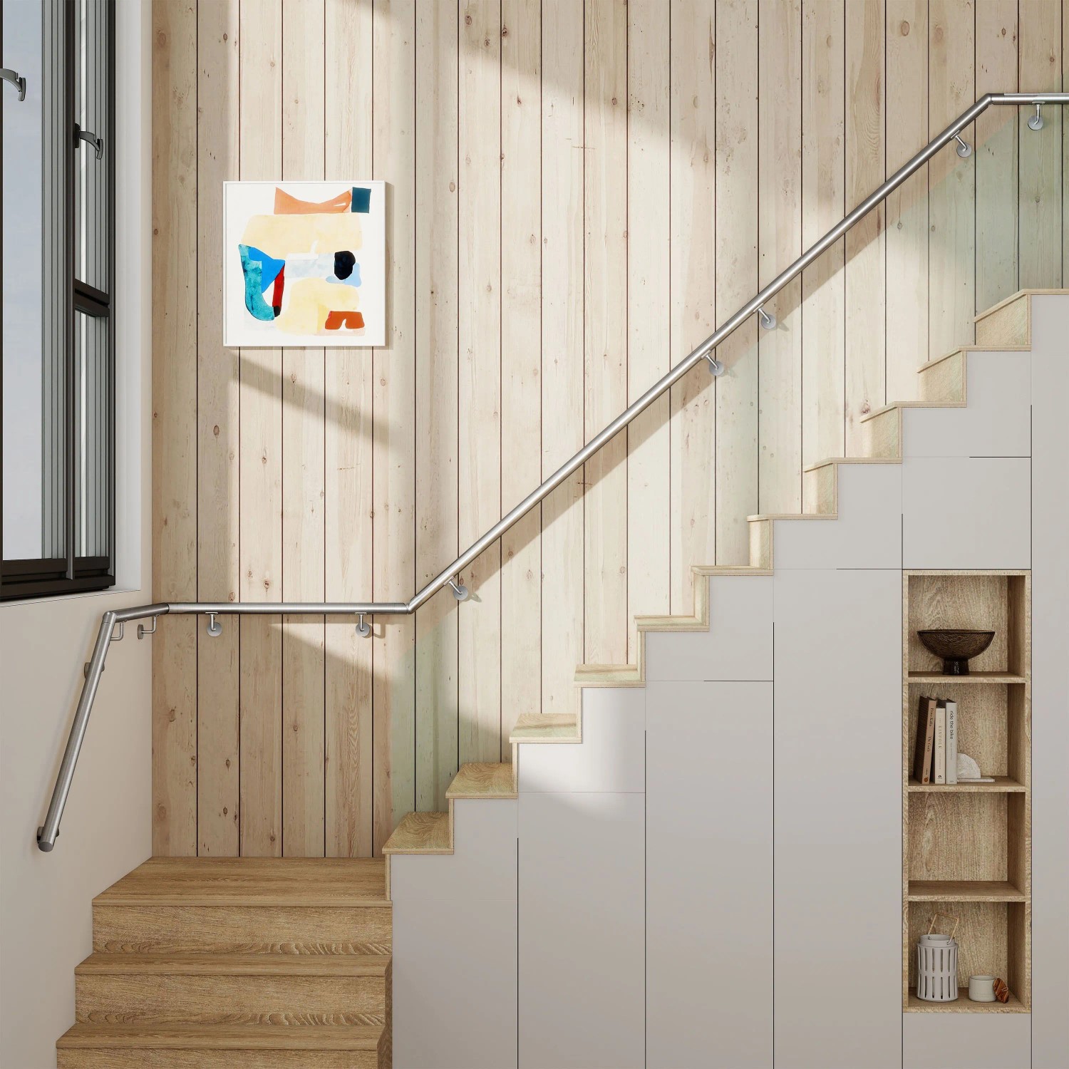 Gebürsteter Edelstahl 304 Handlauf Komplettset 80 cm mit Halterungen an Holztreppe. Bietet sicheren Halt.