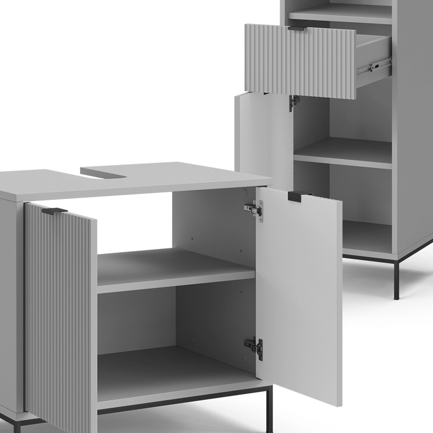 Graues Vicco Badmöbel-Set Eliza, 5-teilig, mit Waschbeckenunterschrank, Spiegel-, Hoch- und Midischrank.