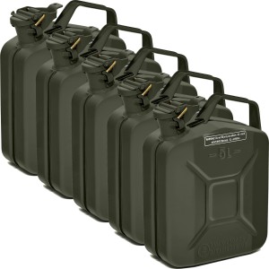 Fünf bronzegrüne 5L BW Kraftstoffkanister aus Metall, geeignet für Benzin, Diesel und E10.