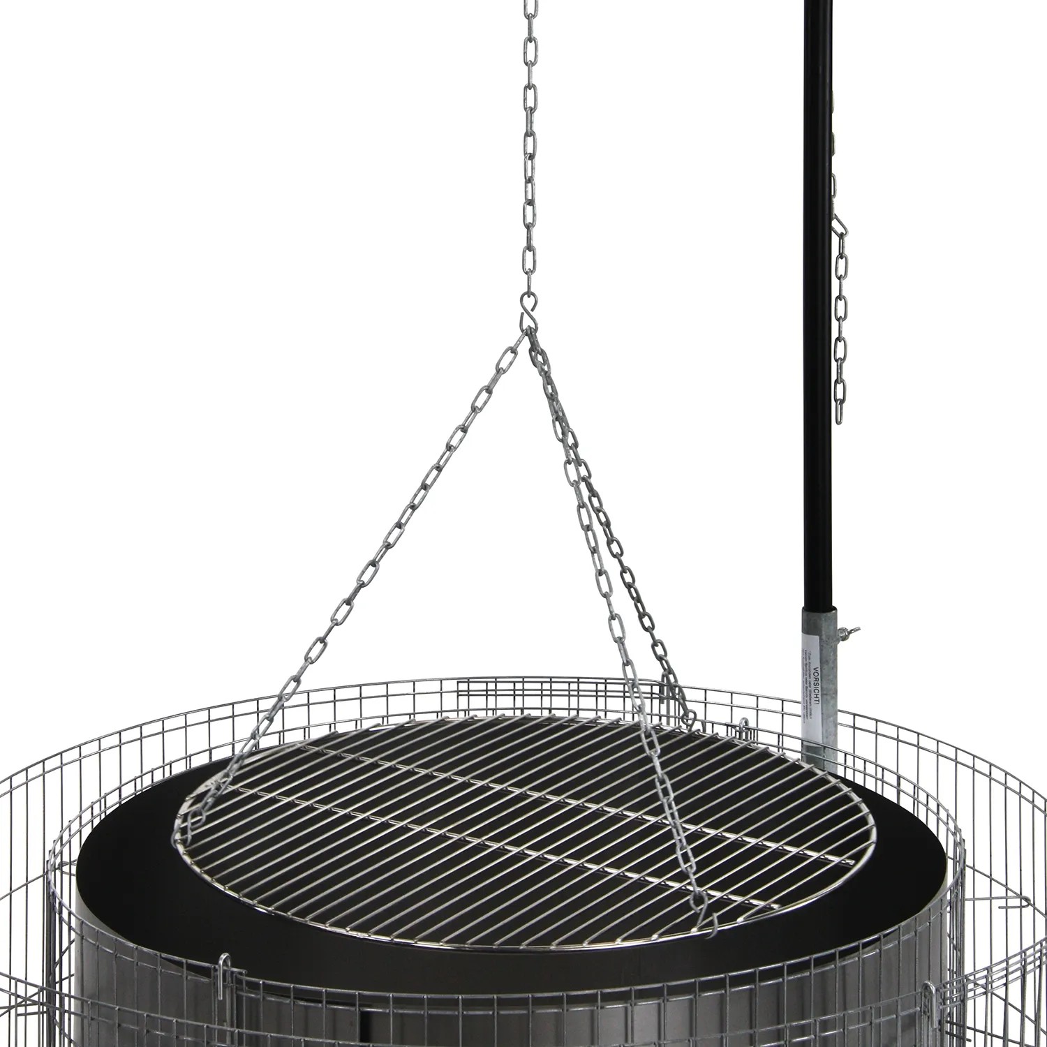 Bellissa Gabionen Grill- und Feuerstelle mit schwenkbarem Grillrost und Kettenaufhängung.