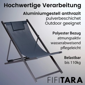 Klappbarer FIFITARA Liegestuhl aus Metall in Anthrazit. Gartenstuhl mit verstellbarer Rückenlehne.