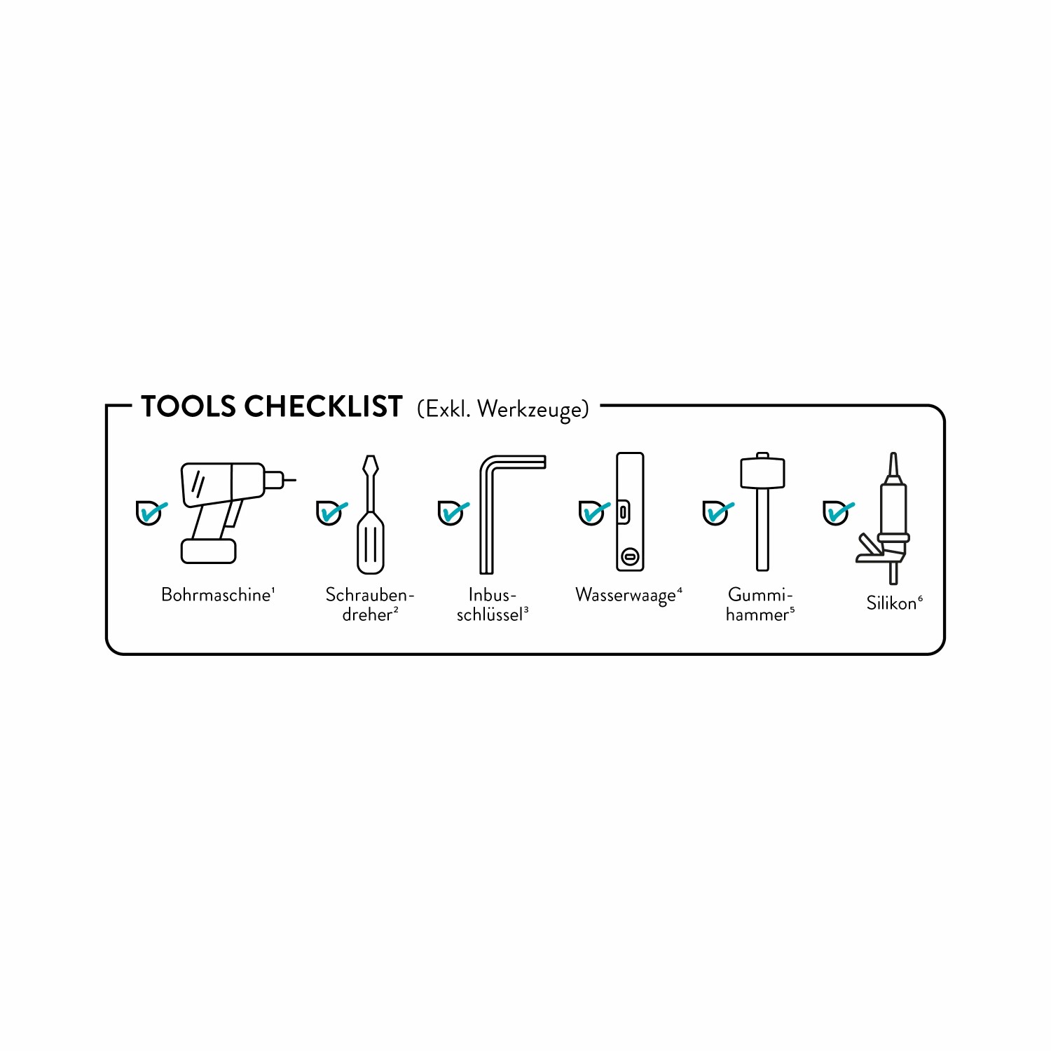 Checkliste Werkzeuge: Bohrmaschine, Schraubendreher, Inbusschlüssel, Wasserwaage, Gummihammer, Silikon.