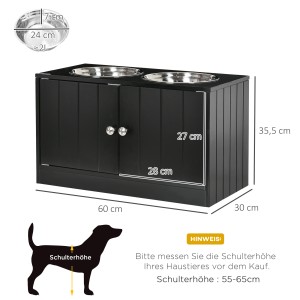 Schwarze PawHut Futterstation mit 2 Edelstahlnäpfen und Stauraum für Hundefutter.
