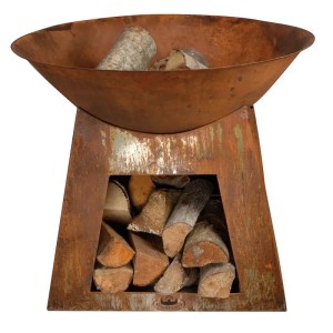 Jet-Line Feuersäule Fargo in Rostoptik mit Holzfach und Feuerschale.