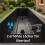 Innenansicht des anthrazitfarbenen BigDean Blumenkastens. Zeigt erhöhte Überlauflöcher und Bohrpunkte für flexible Drainage.