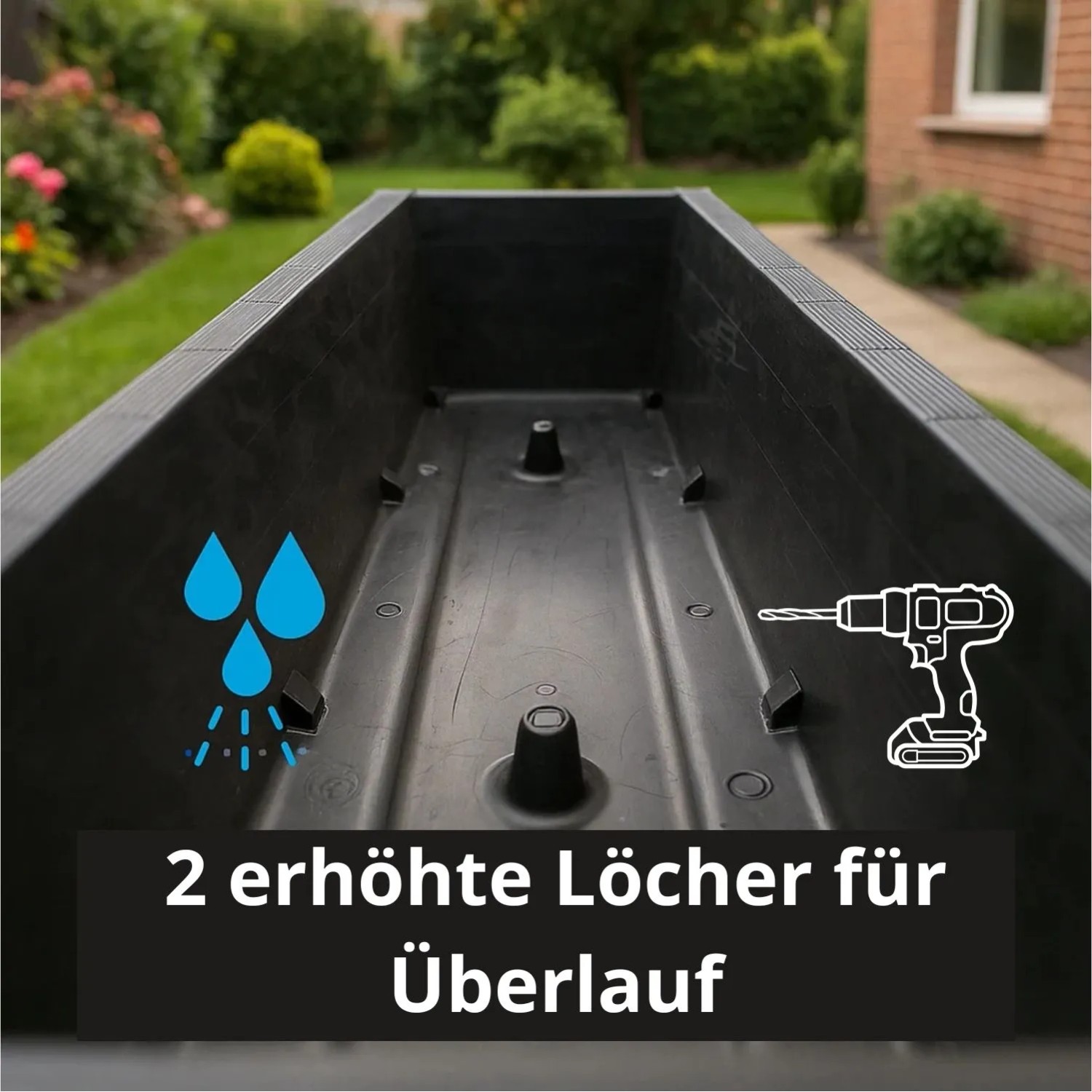 Innenansicht des anthrazitfarbenen BigDean Blumenkastens. Zeigt erhöhte Überlauflöcher und Bohrpunkte für flexible Drainage.