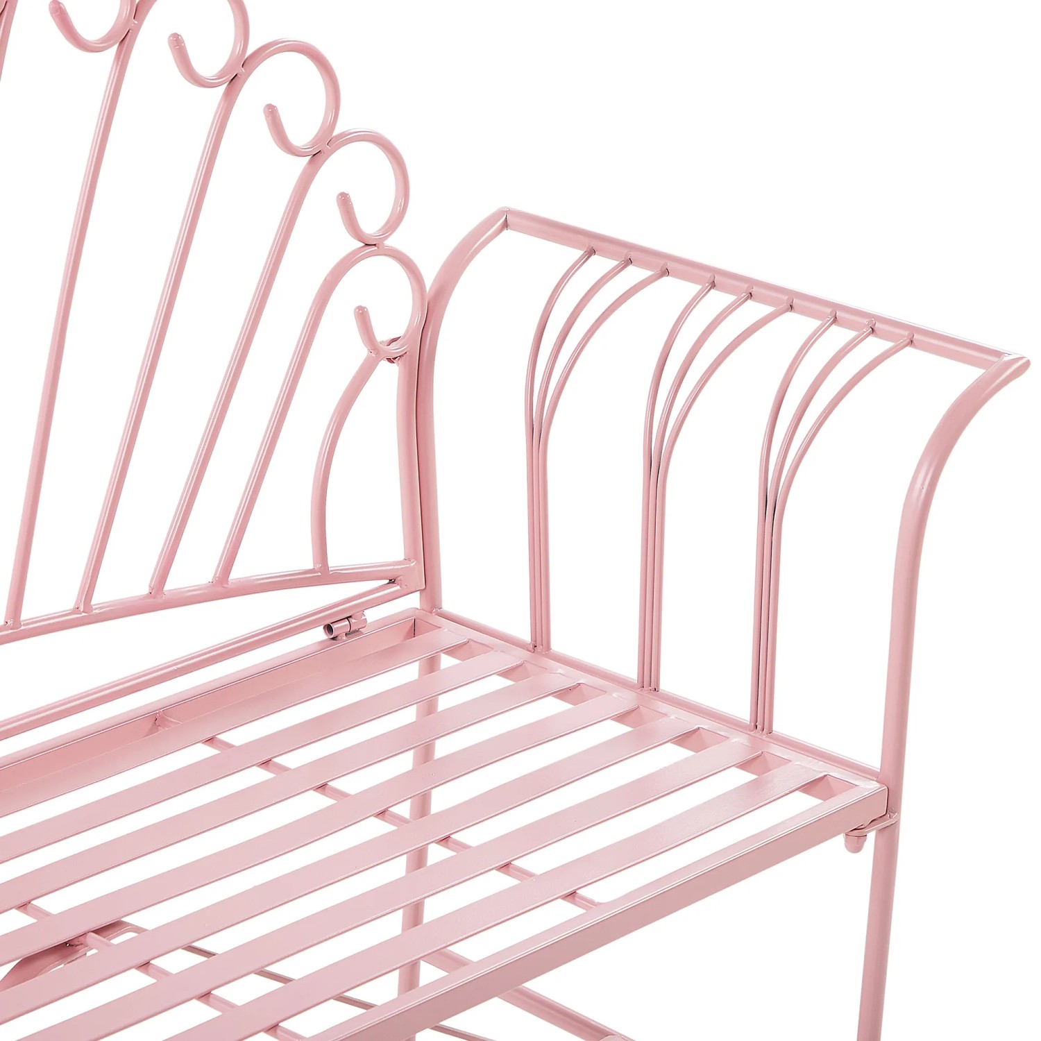 Detailansicht des rosa Beliani Bistro Sets CAVINIA: Bank mit Metallgestell und geschwungenen Linien.