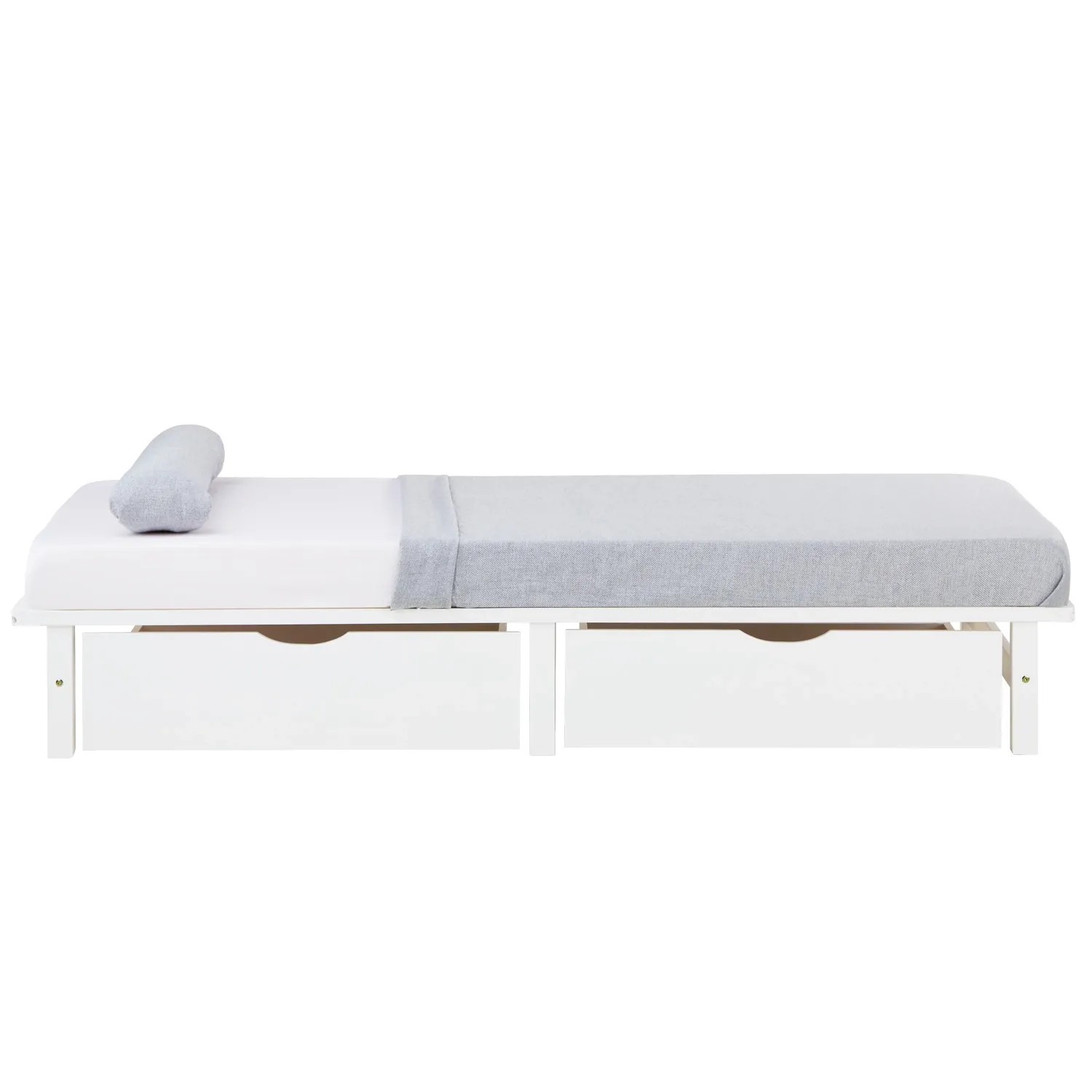 Weißes Holzbett 90x200 mit Matratze und 2 Schubladen im Paletten Design.