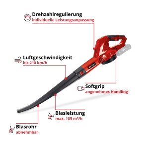 Einhell Akku-Laubbläser GC-CL 18 Li E Solo (18V): Roter Laubsauger mit abnehmbarem Blasrohr.