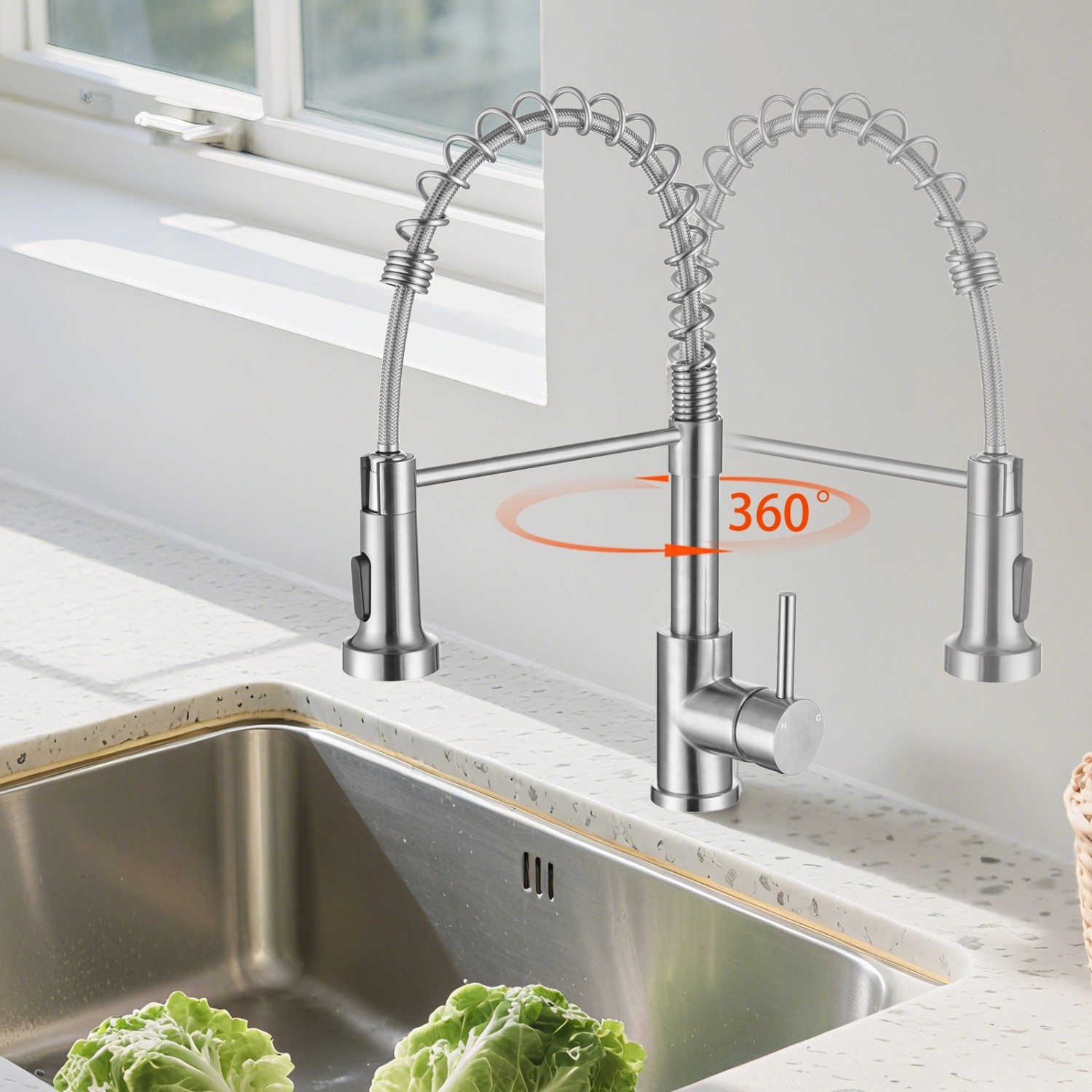AICA Hochdruck Wasserhahn 43x21x12cm Silber Küche Abnehmbarer Mischbatterie und Drehbarer 360° Spiralfeder Bad Küchenarmatur_5