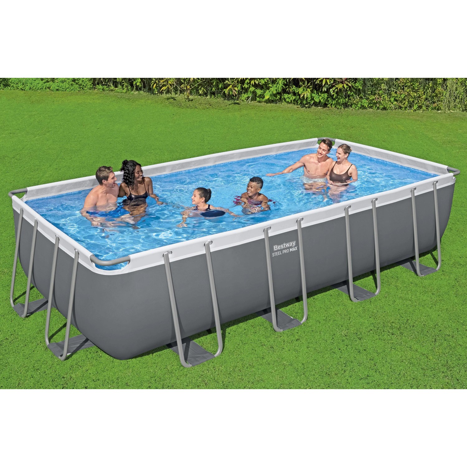 Bestway Steel Pro MAX Pool, 549x274x122 cm, grau, eckig, mit Sandfilteranlage und Badegästen.