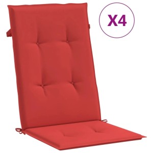 Rote Gartenstuhlauflagen für Hochlehner, 4 Stück. Weiche, gesteppte Sitzkissen aus Polyester mit Bändern.