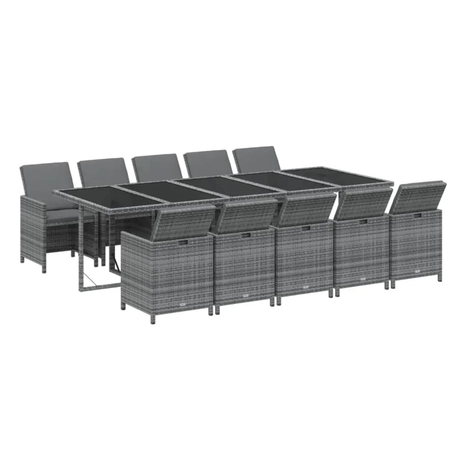 Graue 11-tlg. vidaXL Garten-Essgruppe aus Rattan mit Tisch, Stühlen und Kissen.