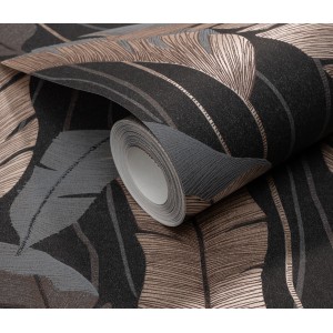 Rolle Erismann Vliestapete Melissa Arwen Anthrazit mit Blattmuster.