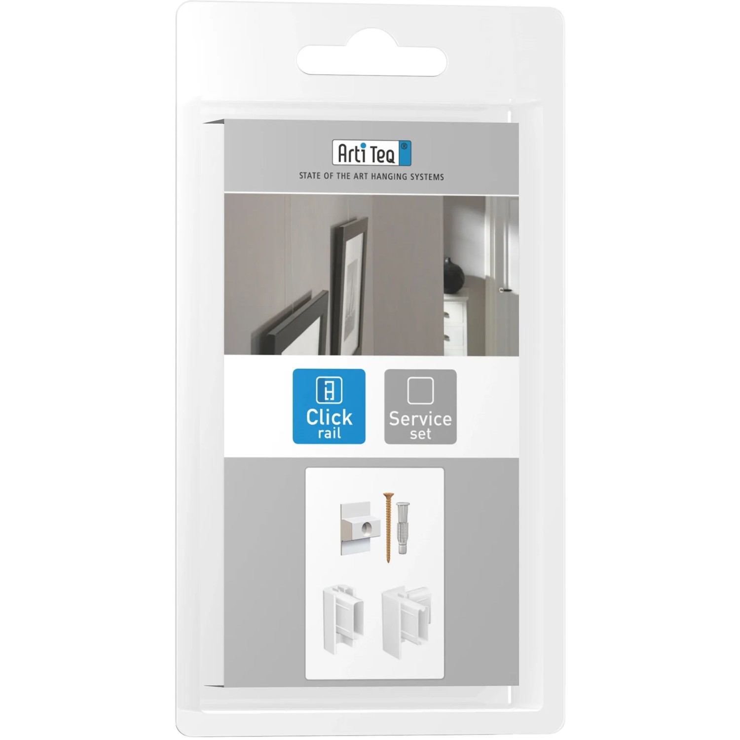 Artiteq Befestigungsset für Click Rail Bilderschiene in Weiß, inkl. Clips, Endkappen und Eckverbinder.