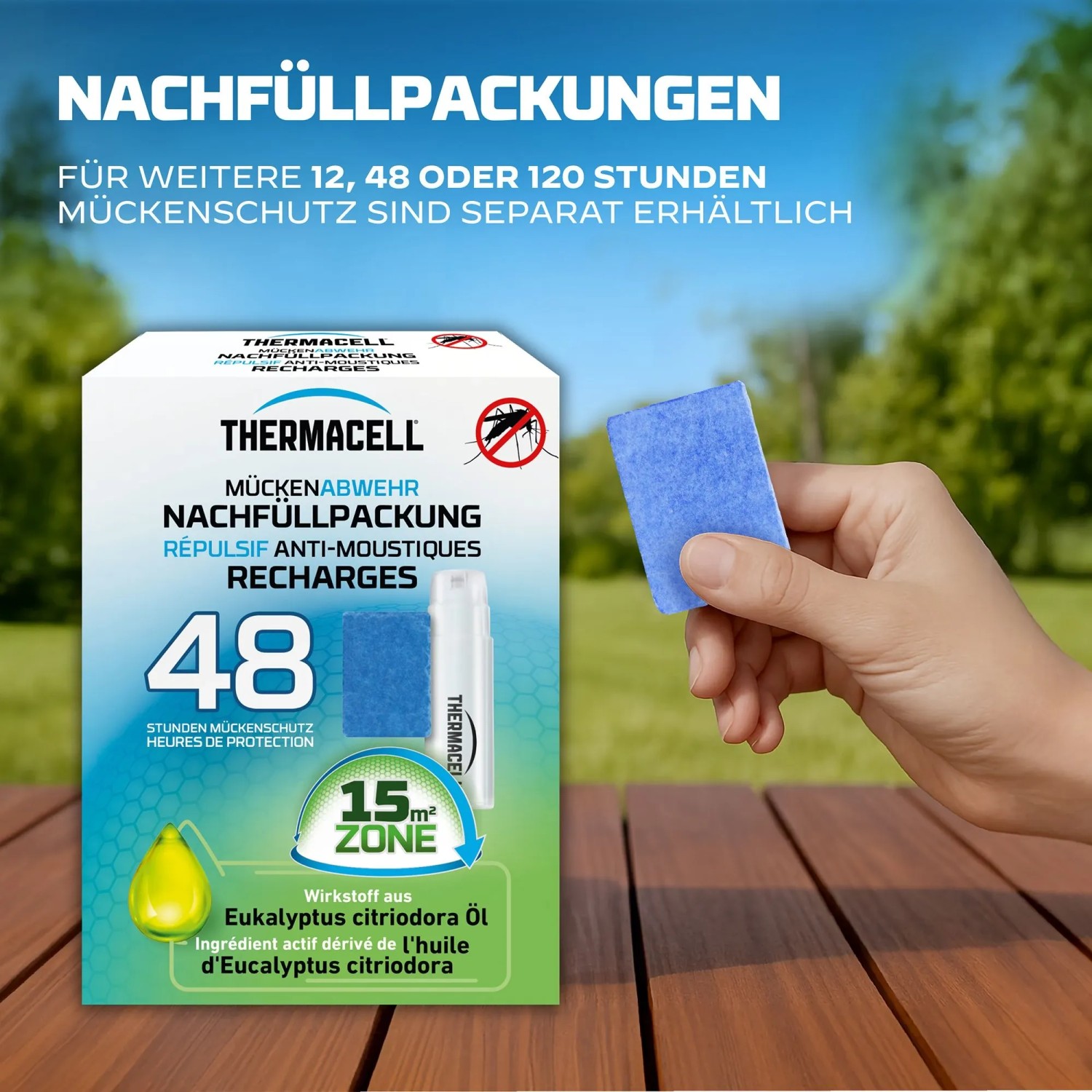 Thermacell Mückenabwehr Nachfüllpackung für 48h Schutz, mit Wirkstoffplättchen und Gaskartusche.