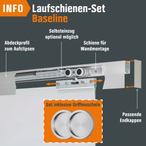 Detailaufnahme Laufschienen-Set für Glasschiebetür mit Griffmuscheln und Endkappen.