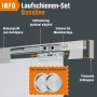 Detailaufnahme Laufschienen-Set für Glasschiebetür mit Griffmuscheln und Endkappen.