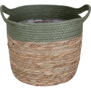 Natur-grüner Übertopf Korb mit Griffen, Ø 35 cm, aus Naturgras und Stroh für den Innenbereich.