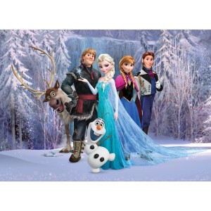 Disney Eiskönigin Fototapete mit Elsa, Anna, Kristoff, Olaf und Sven im Winterwald, lila und blau, 160x110 cm.