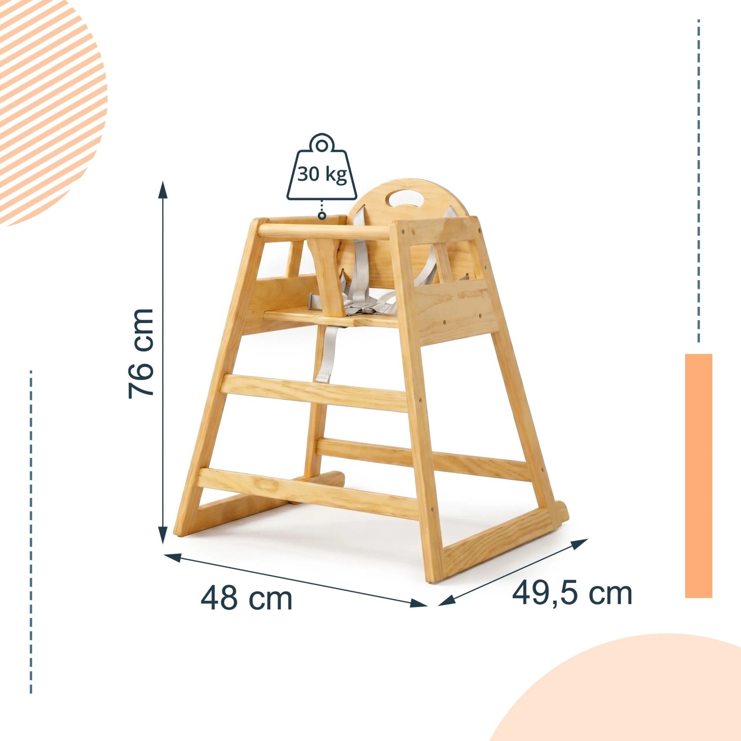 Kinderhochstuhl aus Kiefernholz Natur mit 5-Punkt-Gurt. Maße: 76x48x49,5 cm, 30 kg Traglast. Stabil & sicher für Babys.
