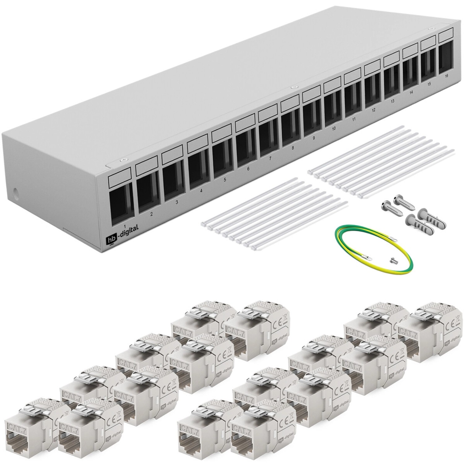 hb-digital Patch Panel 16 Port mit 16x Keystone Module Cat 7 Hellgrau
