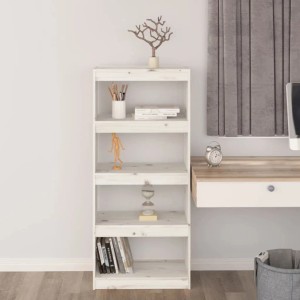 Weißes Bücherregal aus massivem Kiefernholz mit 4 offenen Fächern, als Raumteiler nutzbar. 60x30x135,5 cm.