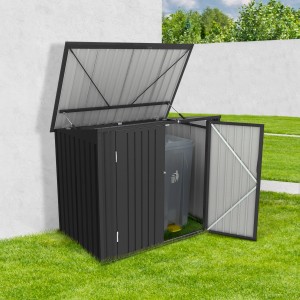 Tepro Universalbox Store Midi, anthrazit, mit geöffnetem Dach und Tür, zur Aufbewahrung im Garten.