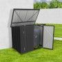 Tepro Universalbox Store Midi, anthrazit, mit geöffnetem Dach und Tür, zur Aufbewahrung im Garten.