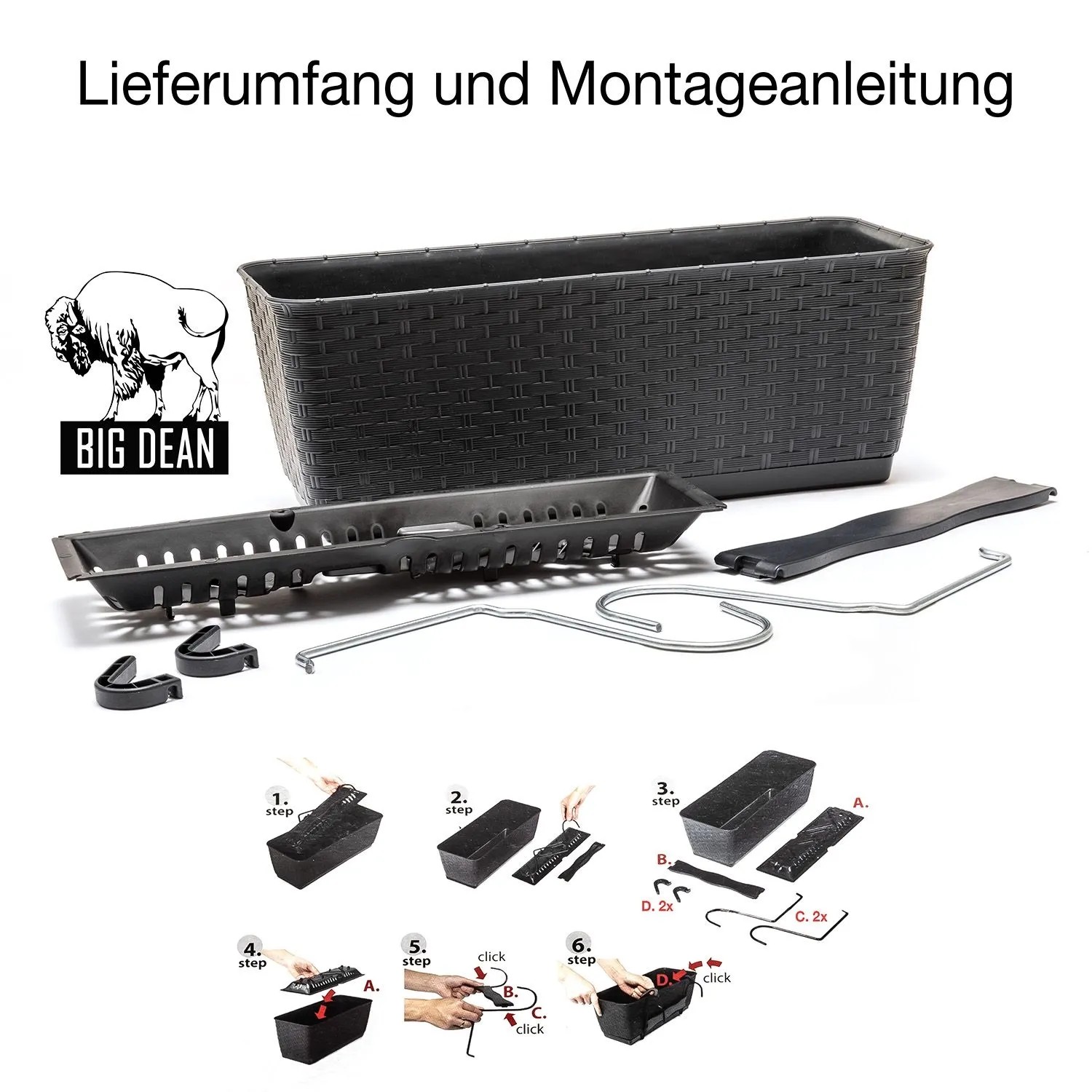 BigDean 4er Set Blumenkästen für Balkon-Geländer Rattan Optik Anthrazit Balkonkästen mit Metall Halterung und Bewässerungssystem_5
