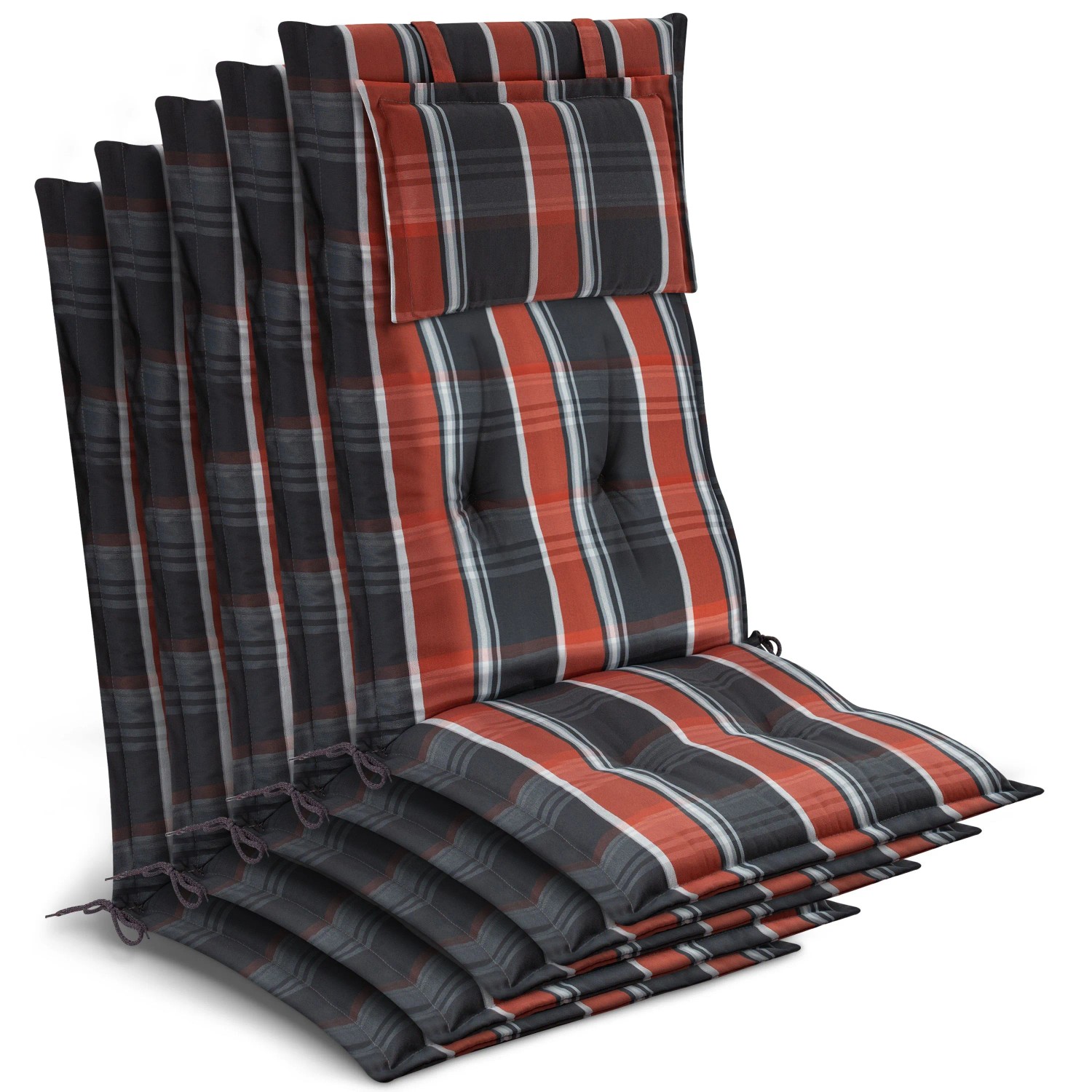 Beautissu 5x Gartenstuhlauflage Hochlehner 120x50x7cm Grau-Orange-Weiß-Kariert