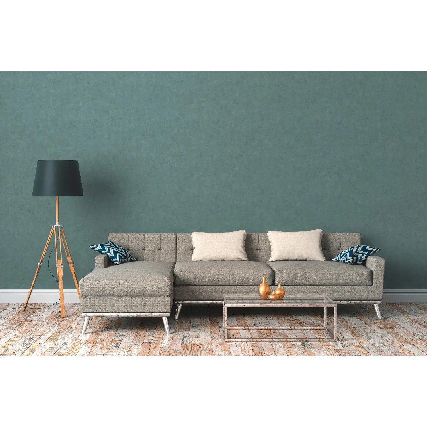 Wohnzimmer mit blau-grüner Vliestapete Uni Matt Leicht Strukturiert FSC® an der Wand.